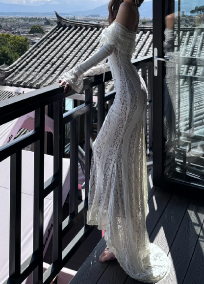 Unique Off-Shoulder White Prom Dress Lace Mermaid Formal Dress GG7066