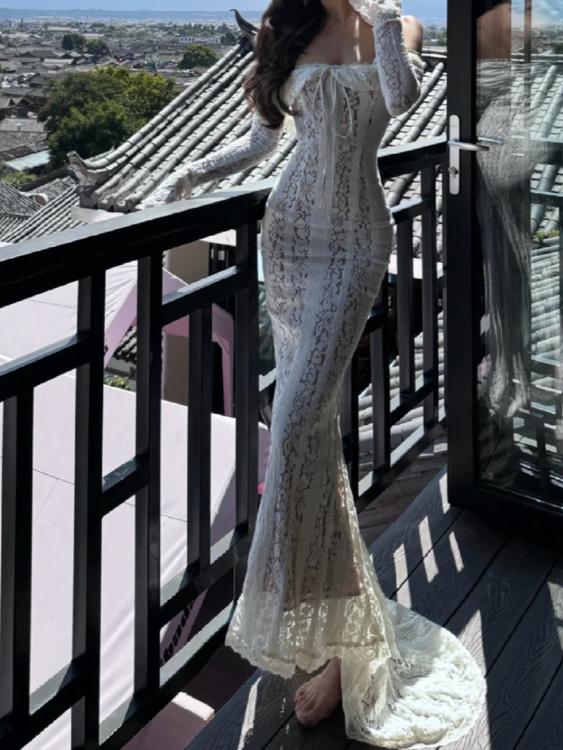 Unique Off-Shoulder White Prom Dress Lace Mermaid Formal Dress GG7066