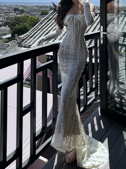 Unique Off-Shoulder White Prom Dress Lace Mermaid Formal Dress GG7066