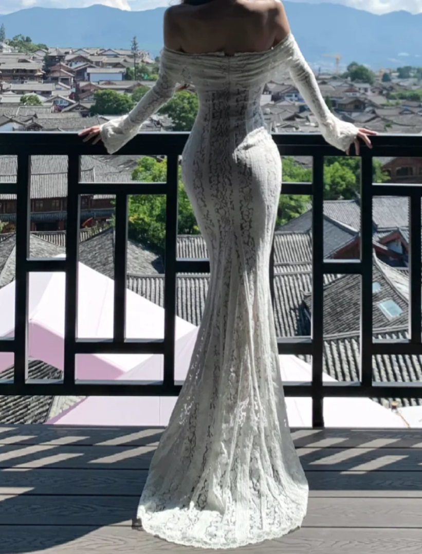Unique Off-Shoulder White Prom Dress Lace Mermaid Formal Dress GG7066