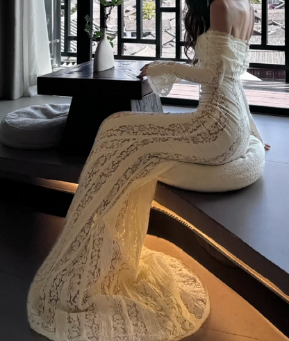 Unique Off-Shoulder White Prom Dress Lace Mermaid Formal Dress GG7066