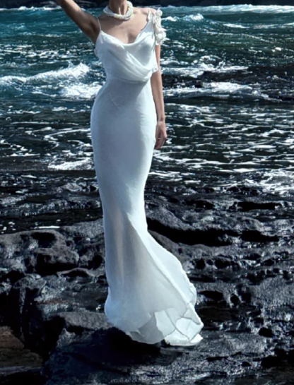 Elegant Spaghetti Straps Prom Dress White Draped Mermaid Formal Dress GG7067