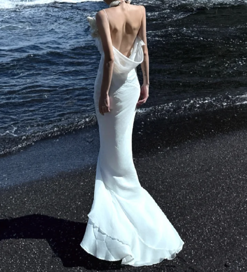 Elegant Spaghetti Straps Prom Dress White Draped Mermaid Formal Dress GG7067