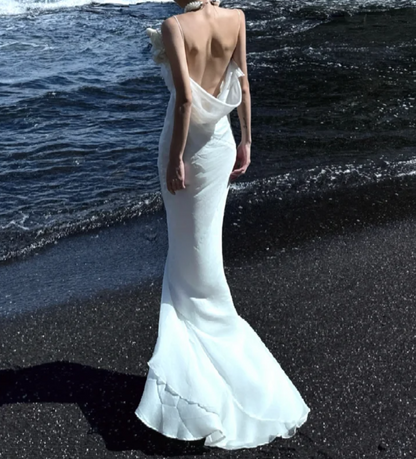 Elegant Spaghetti Straps Prom Dress White Draped Mermaid Formal Dress GG7067