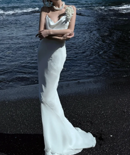 Elegant Spaghetti Straps Prom Dress White Draped Mermaid Formal Dress GG7067