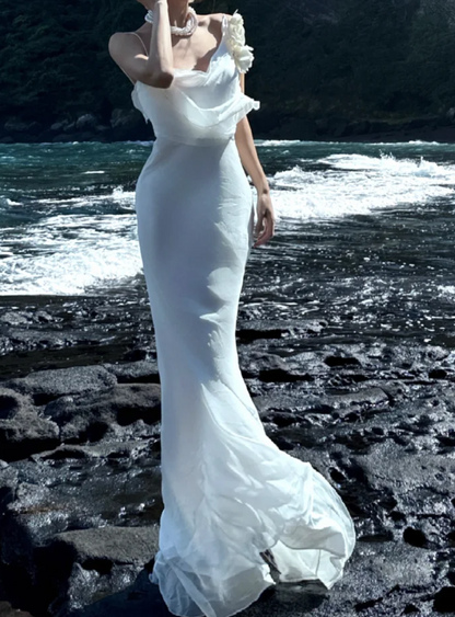 Elegant Spaghetti Straps Prom Dress White Draped Mermaid Formal Dress GG7067