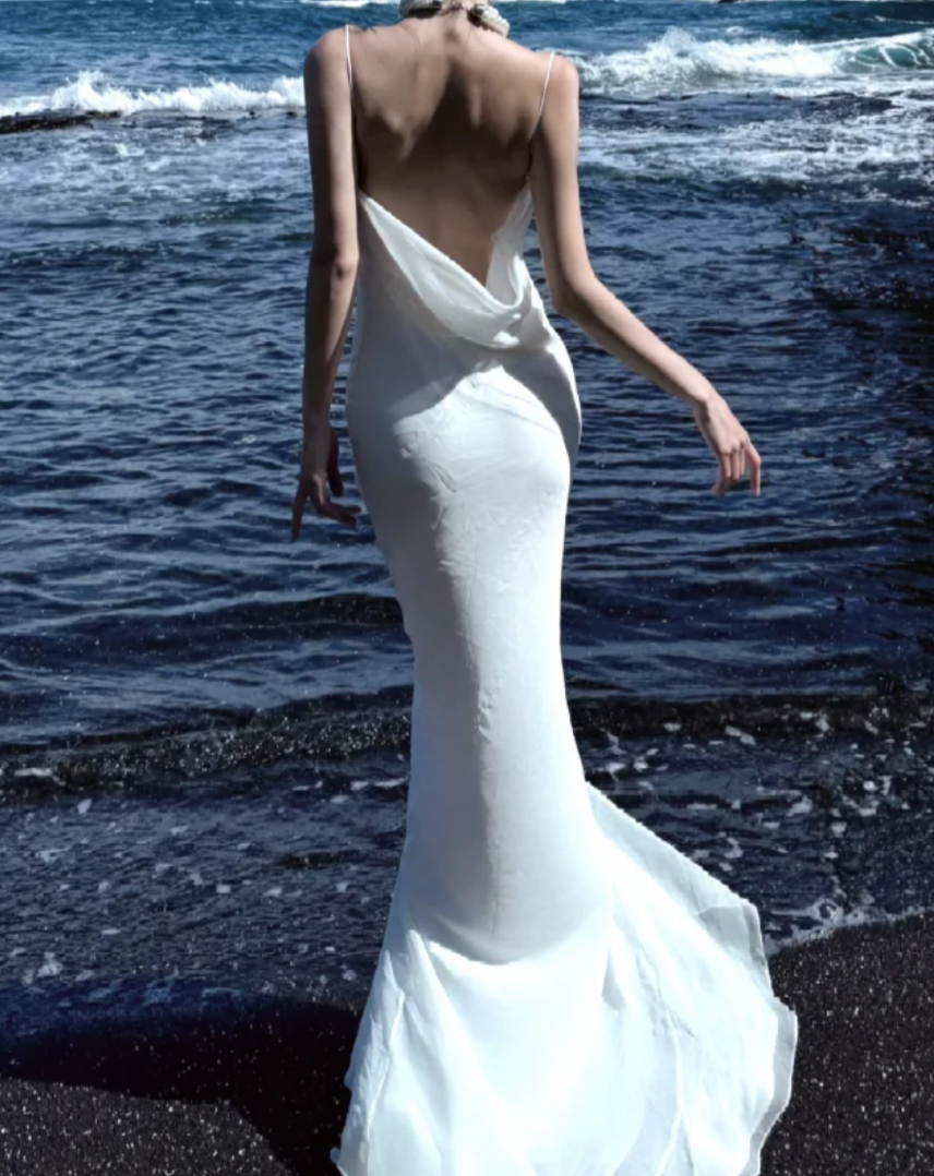 Elegant Spaghetti Straps Prom Dress White Draped Mermaid Formal Dress GG7067