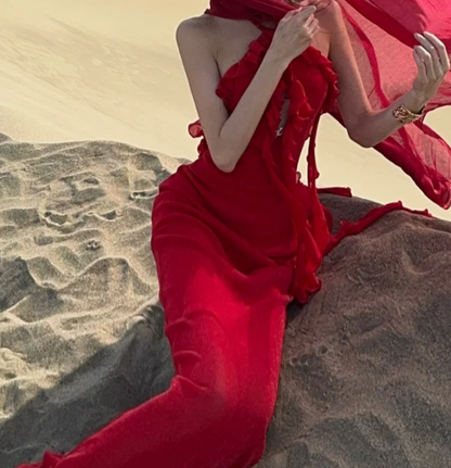 Chic Halter Neck Red Prom Dress Backless Ruffled Mermaid Formal Dress GG7068