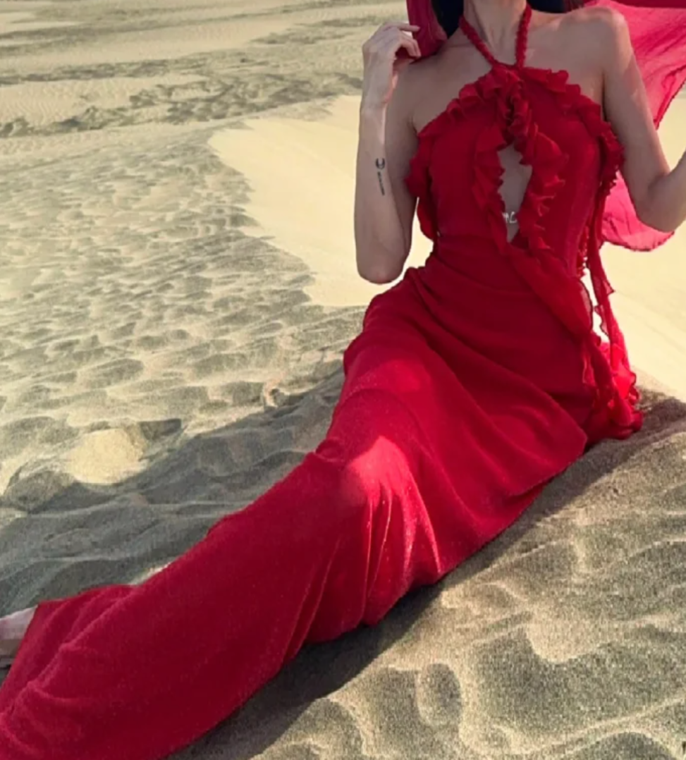 Chic Halter Neck Red Prom Dress Backless Ruffled Mermaid Formal Dress GG7068