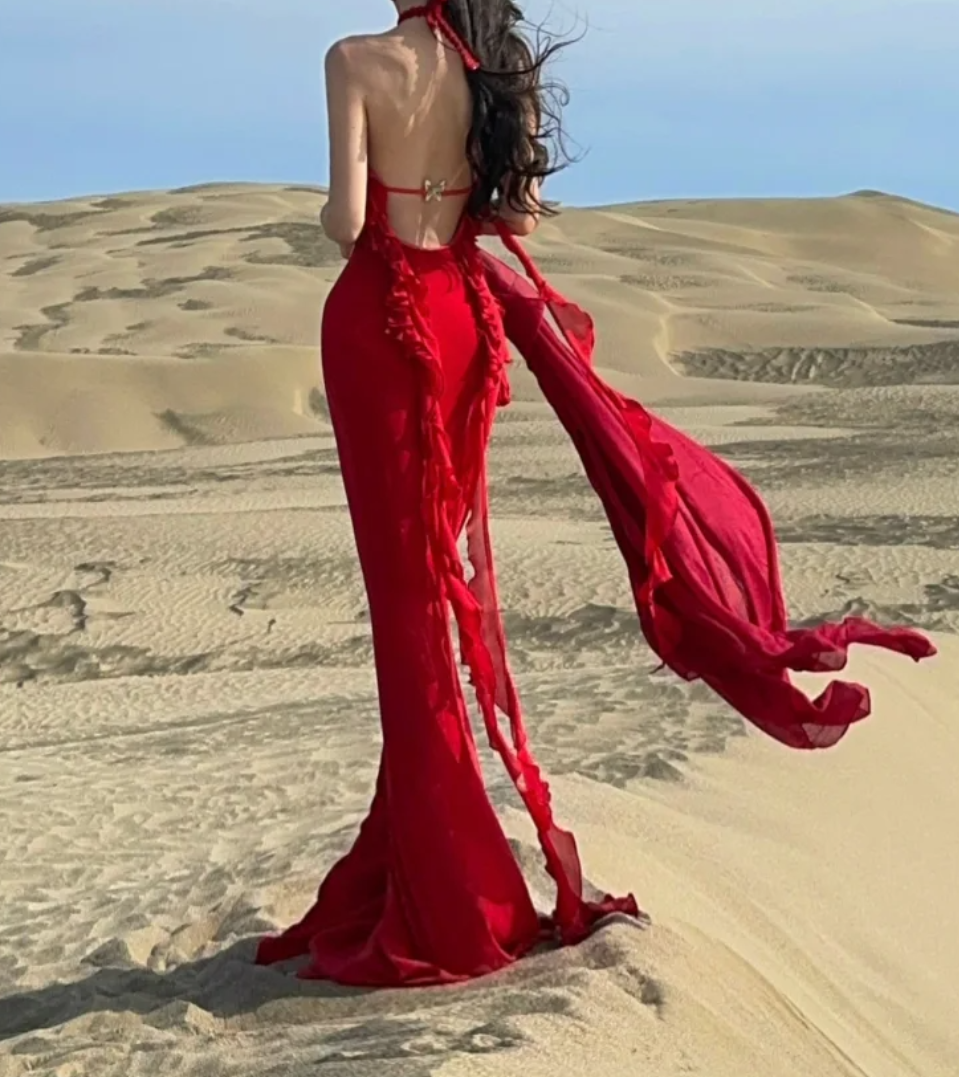 Chic Halter Neck Red Prom Dress Backless Ruffled Mermaid Formal Dress GG7068