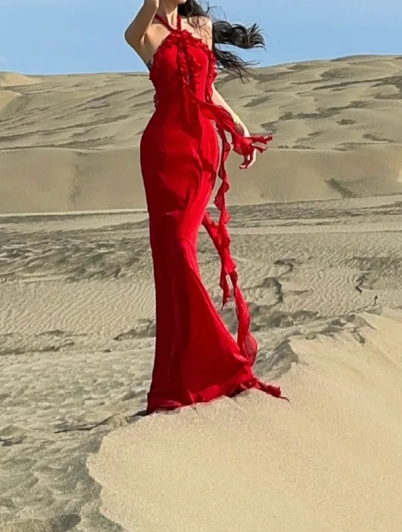 Chic Halter Neck Red Prom Dress Backless Ruffled Mermaid Formal Dress GG7068