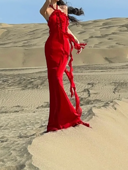 Chic Halter Neck Red Prom Dress Backless Ruffled Mermaid Formal Dress GG7068