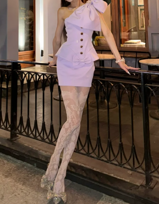 Cute One Shoulder Beads Homecoming Dress Purple Bows Sheath Birthday Dress GG7070