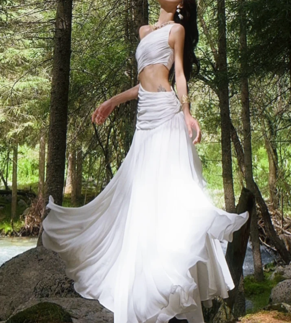 Graceful One Shoulder Prom Dress White Cutout A-Line Formal Dress GG7071