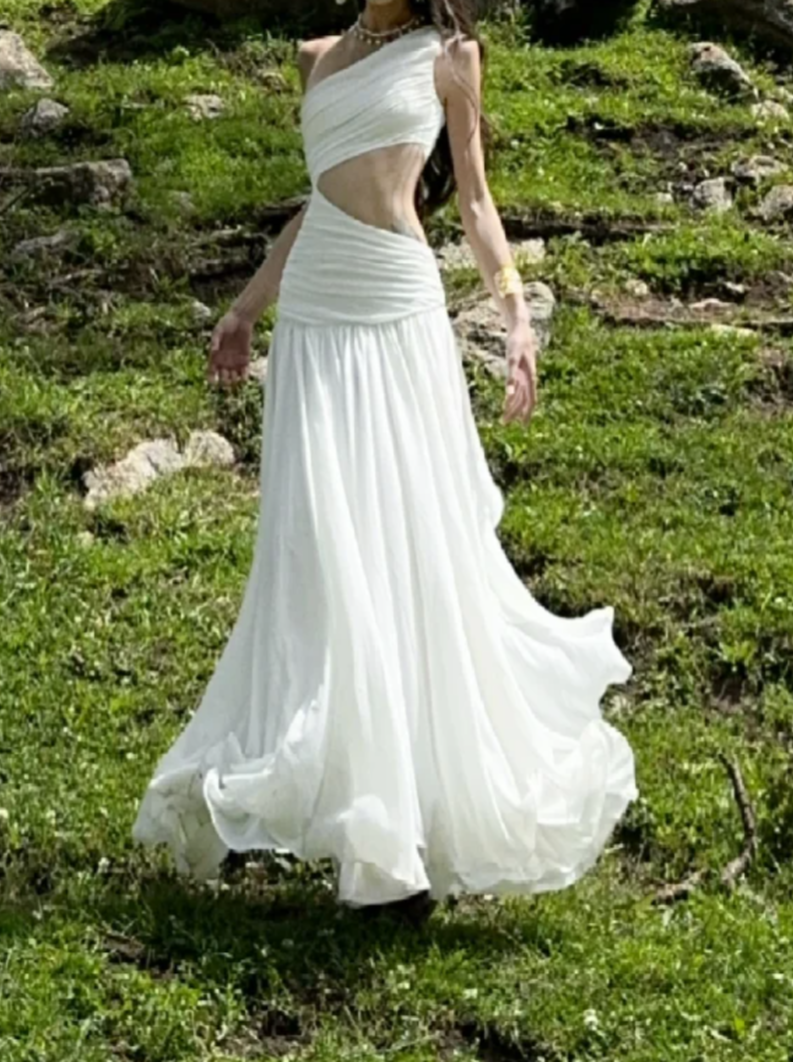 Graceful One Shoulder Prom Dress White Cutout A-Line Formal Dress GG7071