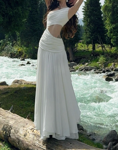 Graceful One Shoulder Prom Dress White Cutout A-Line Formal Dress GG7071