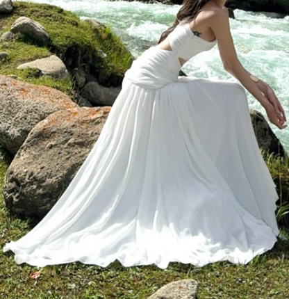 Graceful One Shoulder Prom Dress White Cutout A-Line Formal Dress GG7071