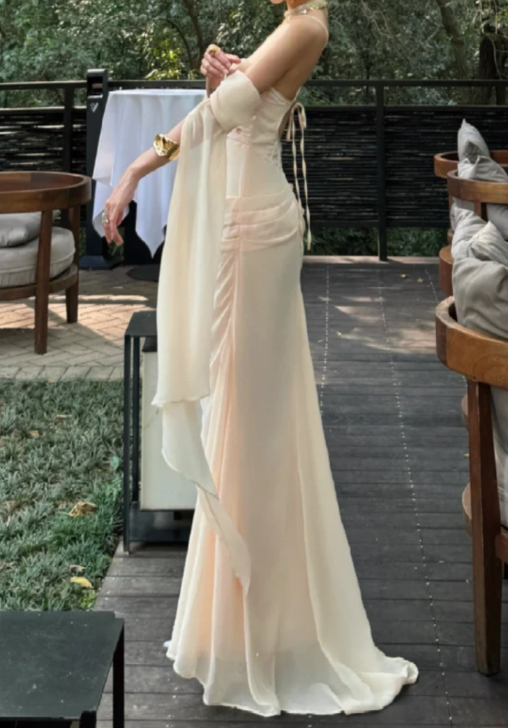 Trendy Spaghetti Straps Prom Dress Ivory Ruched Mermaid Formal Dress GG7072