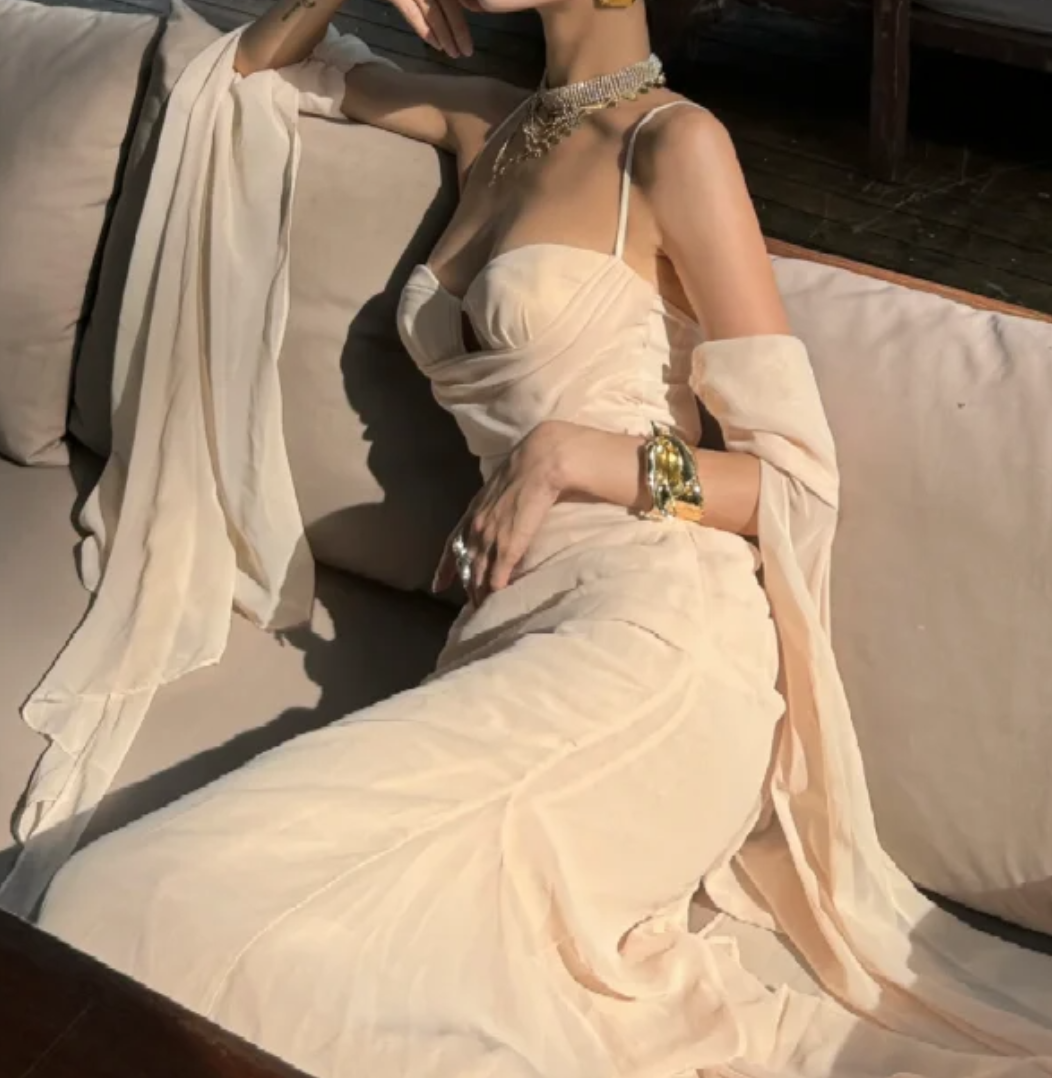 Trendy Spaghetti Straps Prom Dress Ivory Ruched Mermaid Formal Dress GG7072