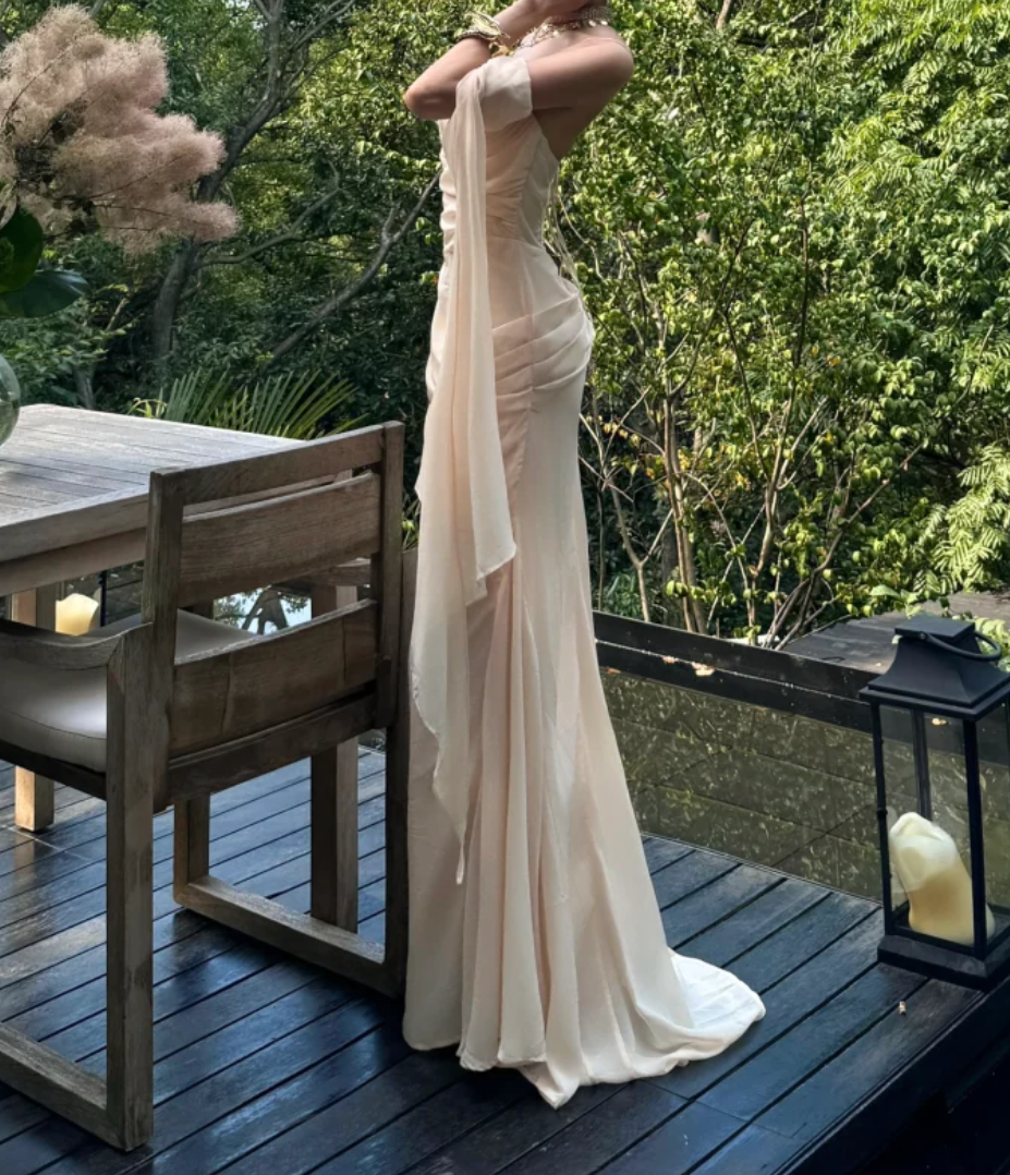 Trendy Spaghetti Straps Prom Dress Ivory Ruched Mermaid Formal Dress GG7072