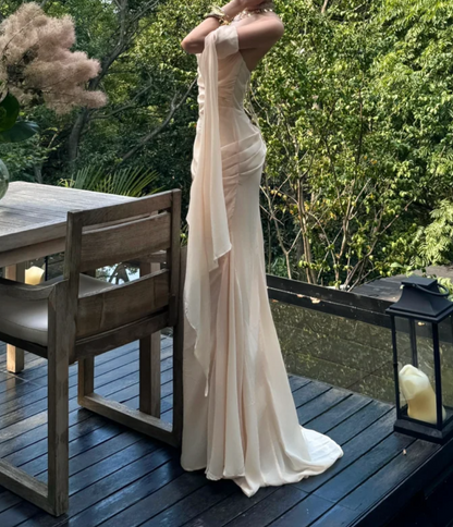 Trendy Spaghetti Straps Prom Dress Ivory Ruched Mermaid Formal Dress GG7072