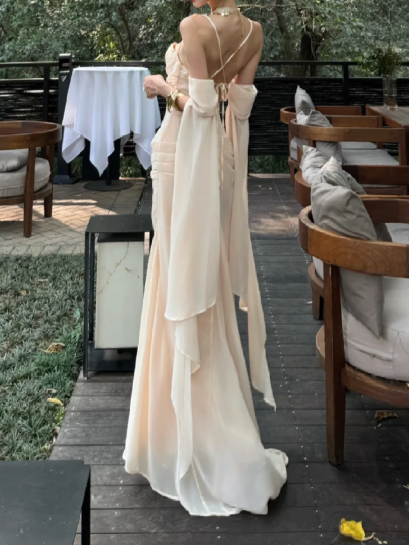 Trendy Spaghetti Straps Prom Dress Ivory Ruched Mermaid Formal Dress GG7072