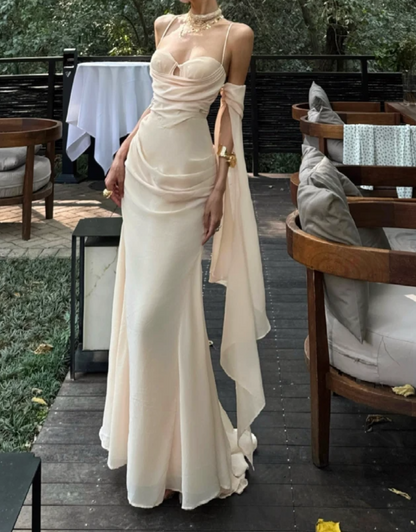Trendy Spaghetti Straps Prom Dress Ivory Ruched Mermaid Formal Dress GG7072
