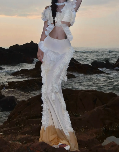 Romantic Spaghetti Straps Prom Dress Ivory Ruffles Mermaid Formal Dress GG7073