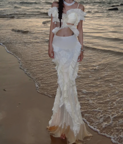 Romantic Spaghetti Straps Prom Dress Ivory Ruffles Mermaid Formal Dress GG7073