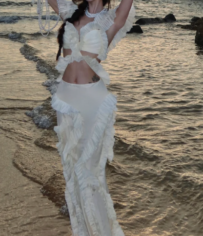 Romantic Spaghetti Straps Prom Dress Ivory Ruffles Mermaid Formal Dress GG7073