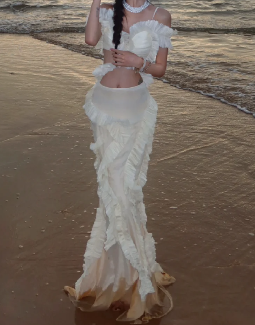Romantic Spaghetti Straps Prom Dress Ivory Ruffles Mermaid Formal Dress GG7073