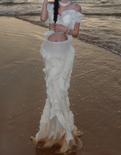 Romantic Spaghetti Straps Prom Dress Ivory Ruffles Mermaid Formal Dress GG7073
