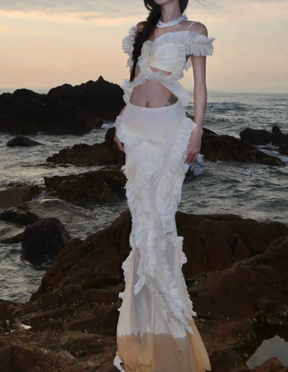 Romantic Spaghetti Straps Prom Dress Ivory Ruffles Mermaid Formal Dress GG7073