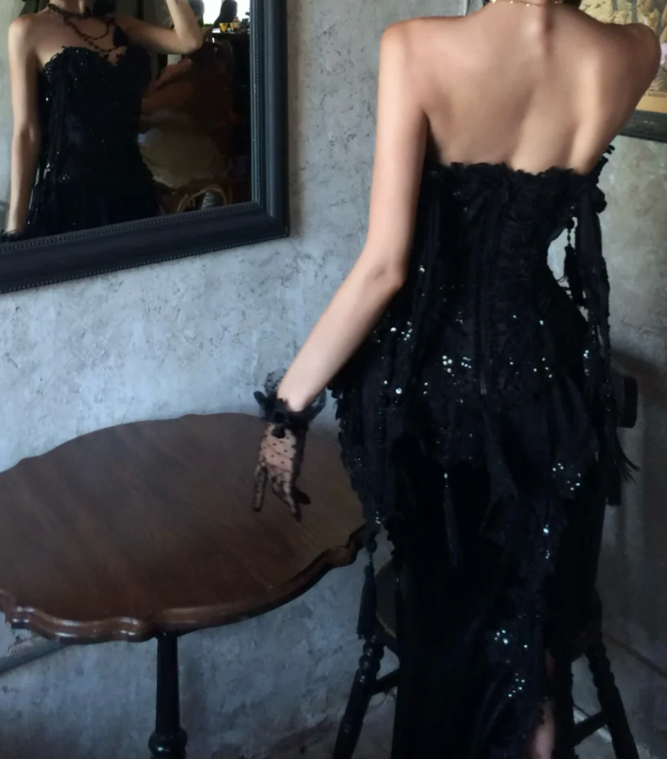 Chic Strapless Black Prom Dress Sequins Tassel Mermaid Formal Dress GG7074