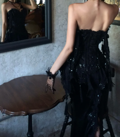 Chic Strapless Black Prom Dress Sequins Tassel Mermaid Formal Dress GG7074