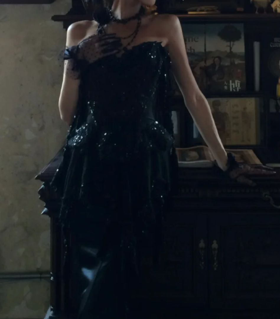 Chic Strapless Black Prom Dress Sequins Tassel Mermaid Formal Dress GG7074