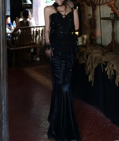 Chic Strapless Black Prom Dress Sequins Tassel Mermaid Formal Dress GG7074