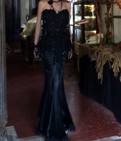Chic Strapless Black Prom Dress Sequins Tassel Mermaid Formal Dress GG7074