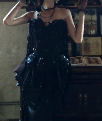 Chic Strapless Black Prom Dress Sequins Tassel Mermaid Formal Dress GG7074