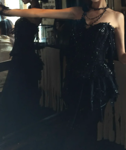 Chic Strapless Black Prom Dress Sequins Tassel Mermaid Formal Dress GG7074
