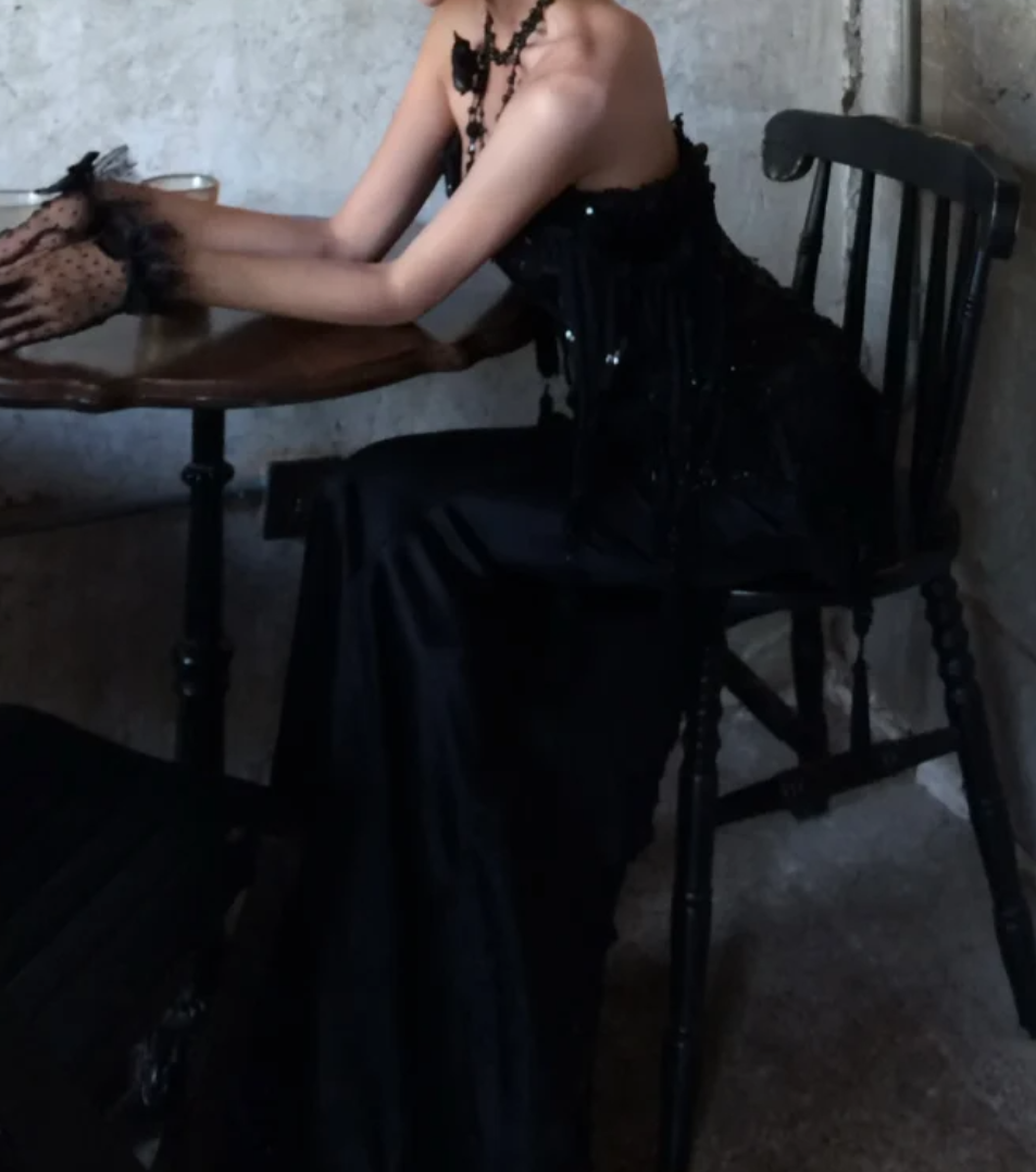 Chic Strapless Black Prom Dress Sequins Tassel Mermaid Formal Dress GG7074