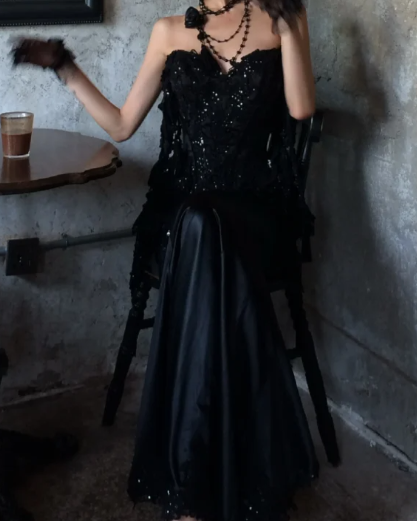 Chic Strapless Black Prom Dress Sequins Tassel Mermaid Formal Dress GG7074