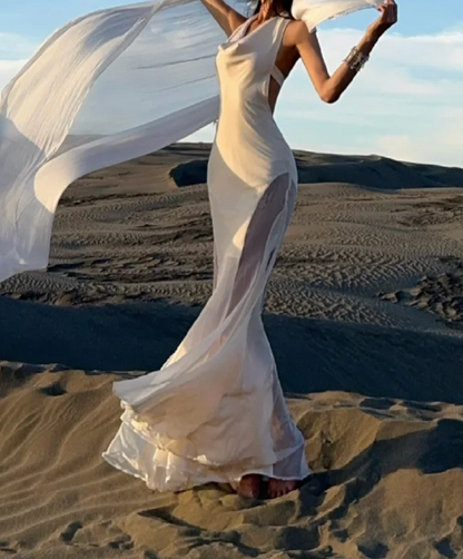 Romantic Halter Neck Prom Dress White Ruched Mermaid Formal Dress GG7075
