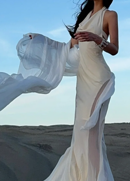 Romantic Halter Neck Prom Dress White Ruched Mermaid Formal Dress GG7075