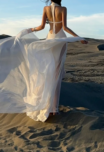 Romantic Halter Neck Prom Dress White Ruched Mermaid Formal Dress GG7075