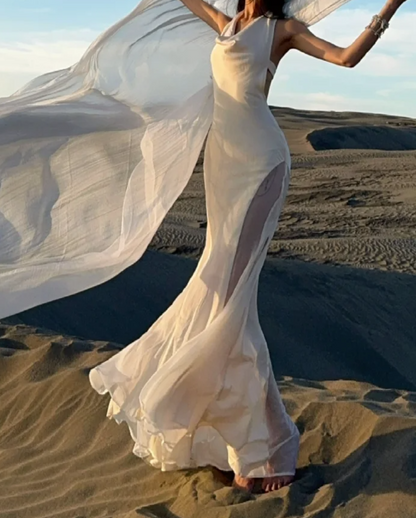 Romantic Halter Neck Prom Dress White Ruched Mermaid Formal Dress GG7075