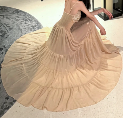 Alluring Spaghetti Strap Prom Dress Apricot Sequins A-Line Formal Dress GG7076