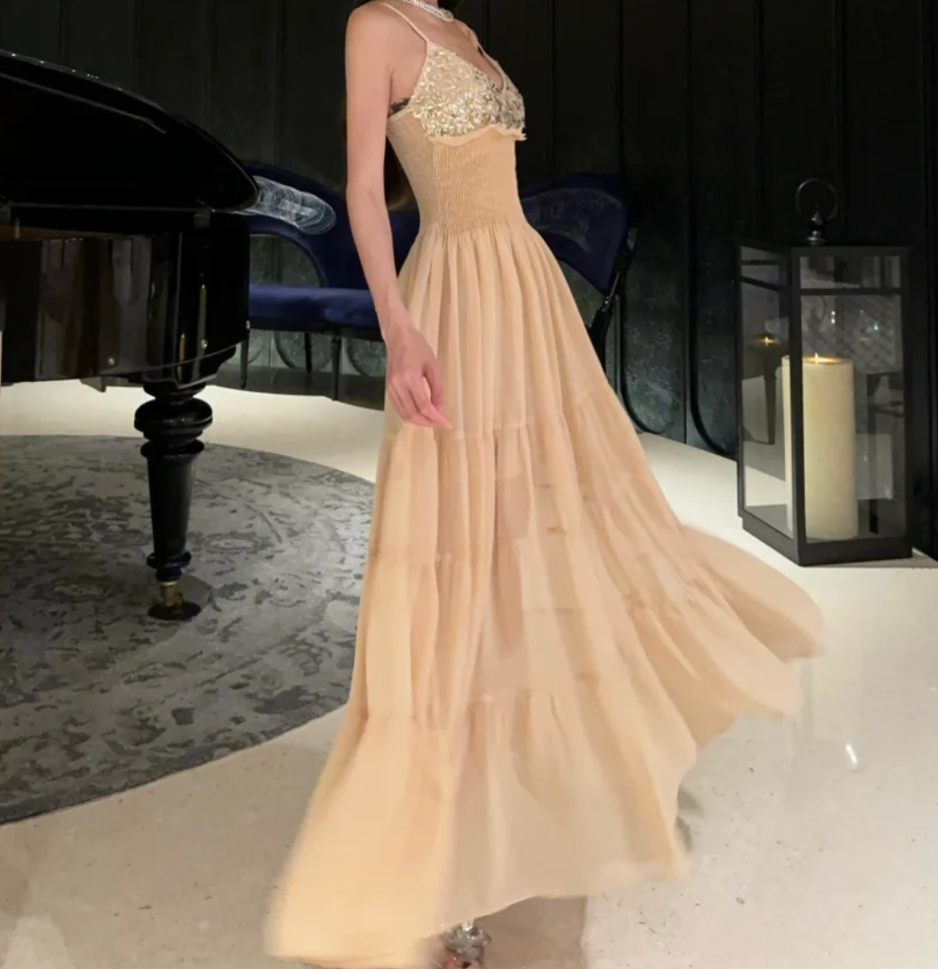 Alluring Spaghetti Strap Prom Dress Apricot Sequins A-Line Formal Dress GG7076