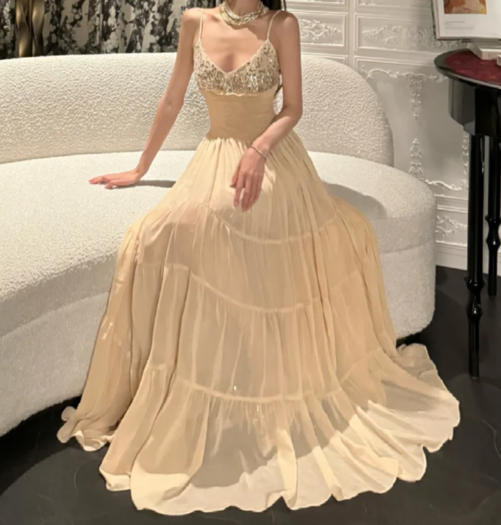 Alluring Spaghetti Strap Prom Dress Apricot Sequins A-Line Formal Dress GG7076