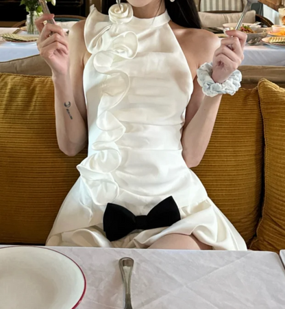 Chic Halter Neck Bow Homecoming Dress White Ruffles A-Line Birthday Dress GG7077